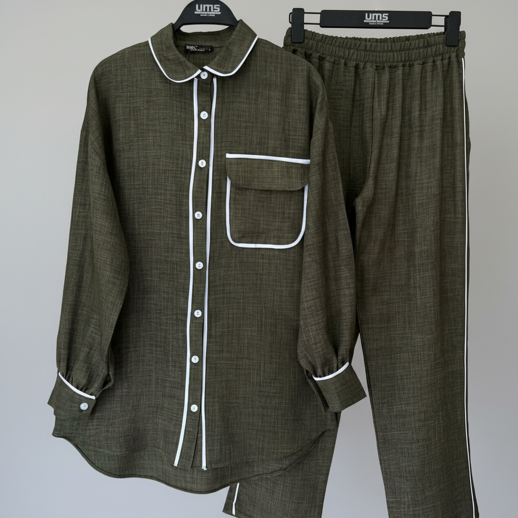UMS Elegantni Dvodijelni Loungewear Set - Maslinasto Zelena Košulja i Hlače s Bijelim Detaljima Slika 1