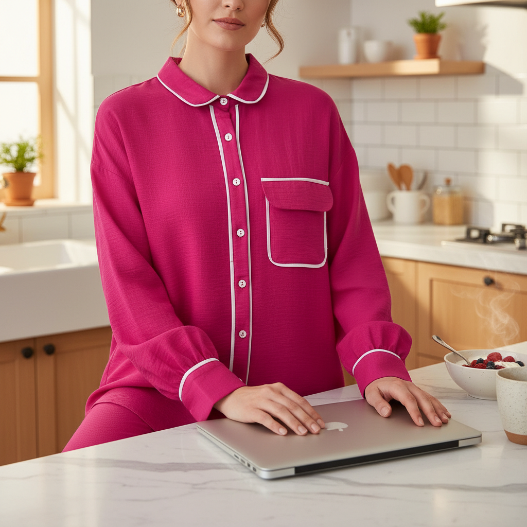 Elegantan Ženski Komplet za Spavanje i Odmaranje - Fuksija sa Bijelim Detaljima Slika 5