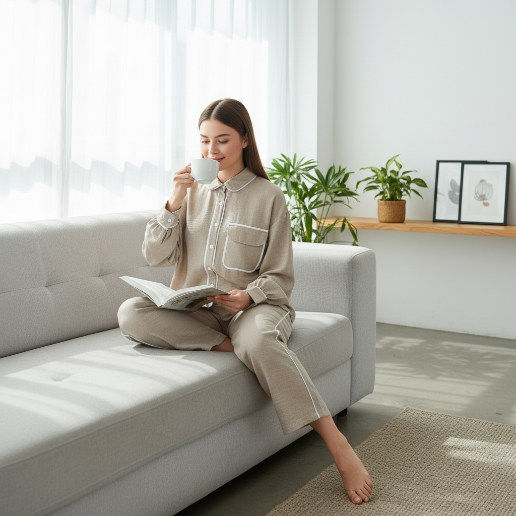 Elegantni Bež Komplet Košulja i Hlače s Bijelim Rubovima Slika 2