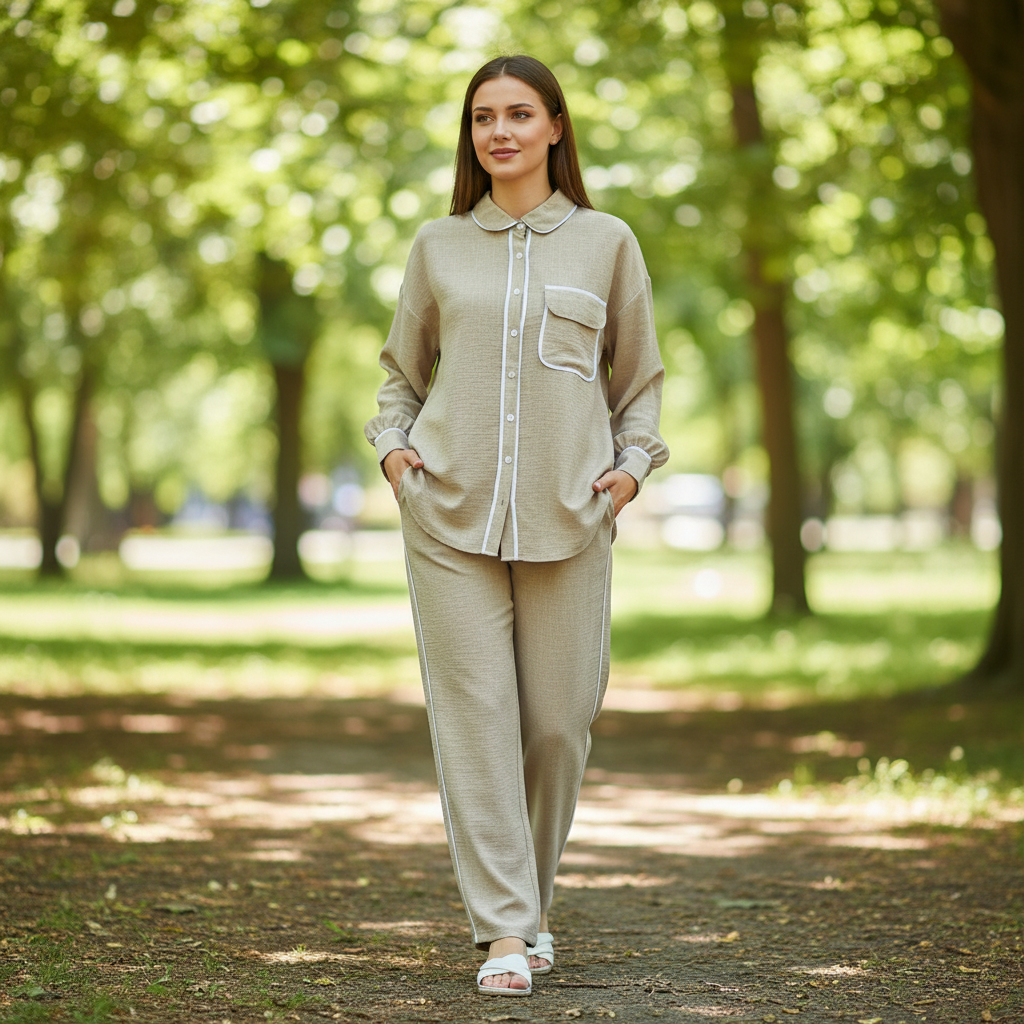 Elegantni Bež Komplet Košulja i Hlače s Bijelim Rubovima Slika 3