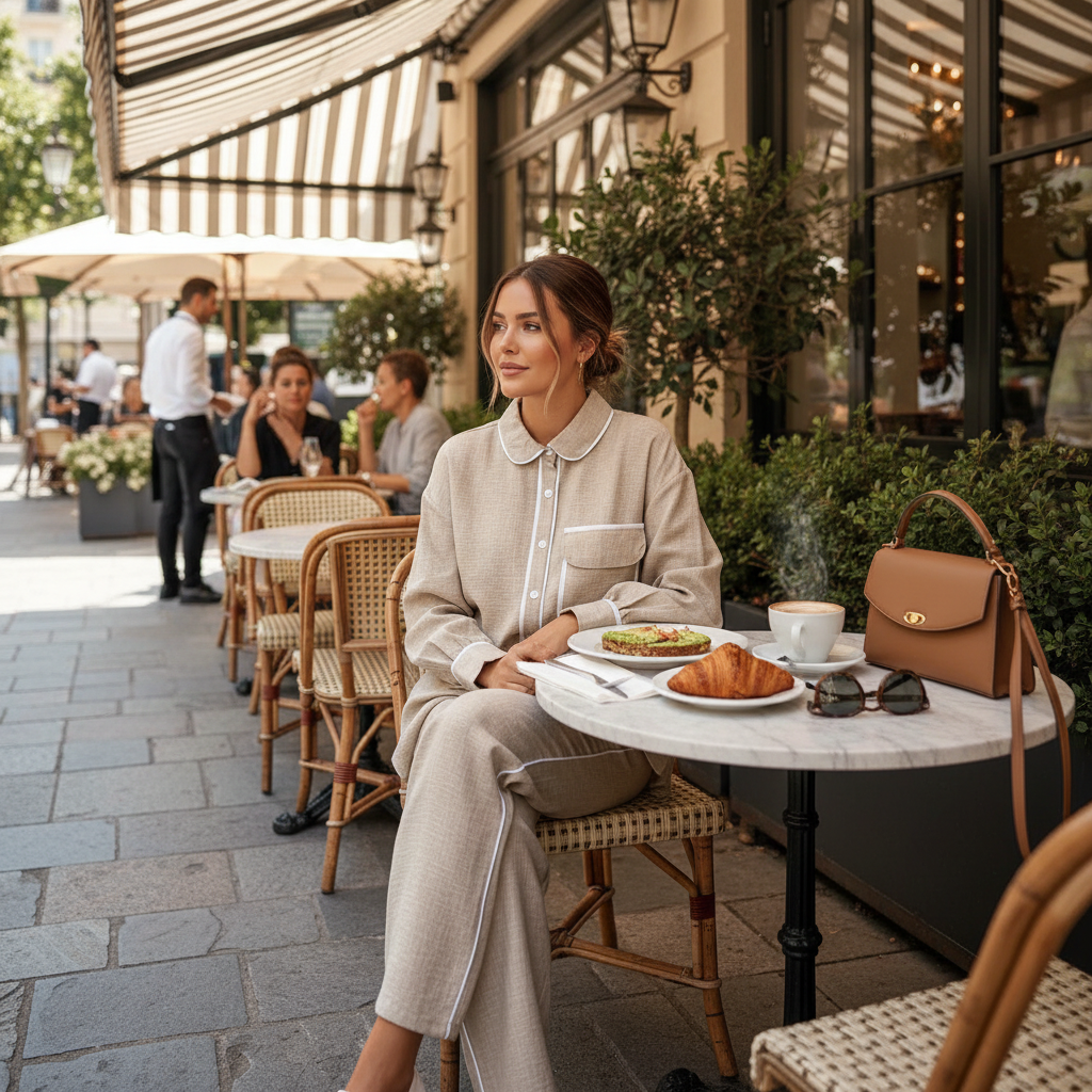 Elegantni Bež Komplet Košulja i Hlače s Bijelim Rubovima Slika 4