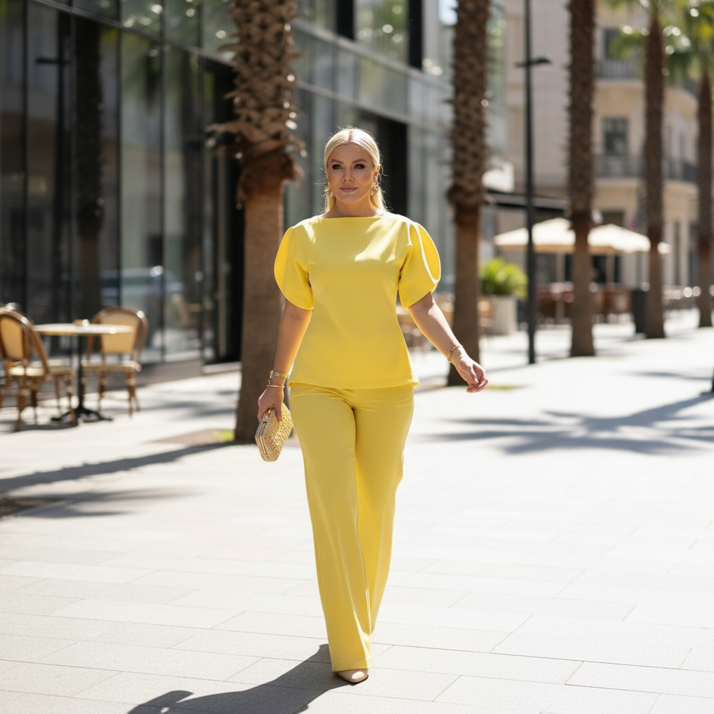 Elegantan Žuti Komplet s Puf Rukavima i Širokim Nogavicama - Univerzalna Veličina Slika 2