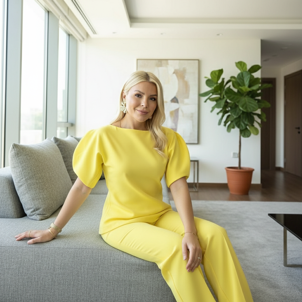 Elegantan Žuti Komplet s Puf Rukavima i Širokim Nogavicama - Univerzalna Veličina Slika 3