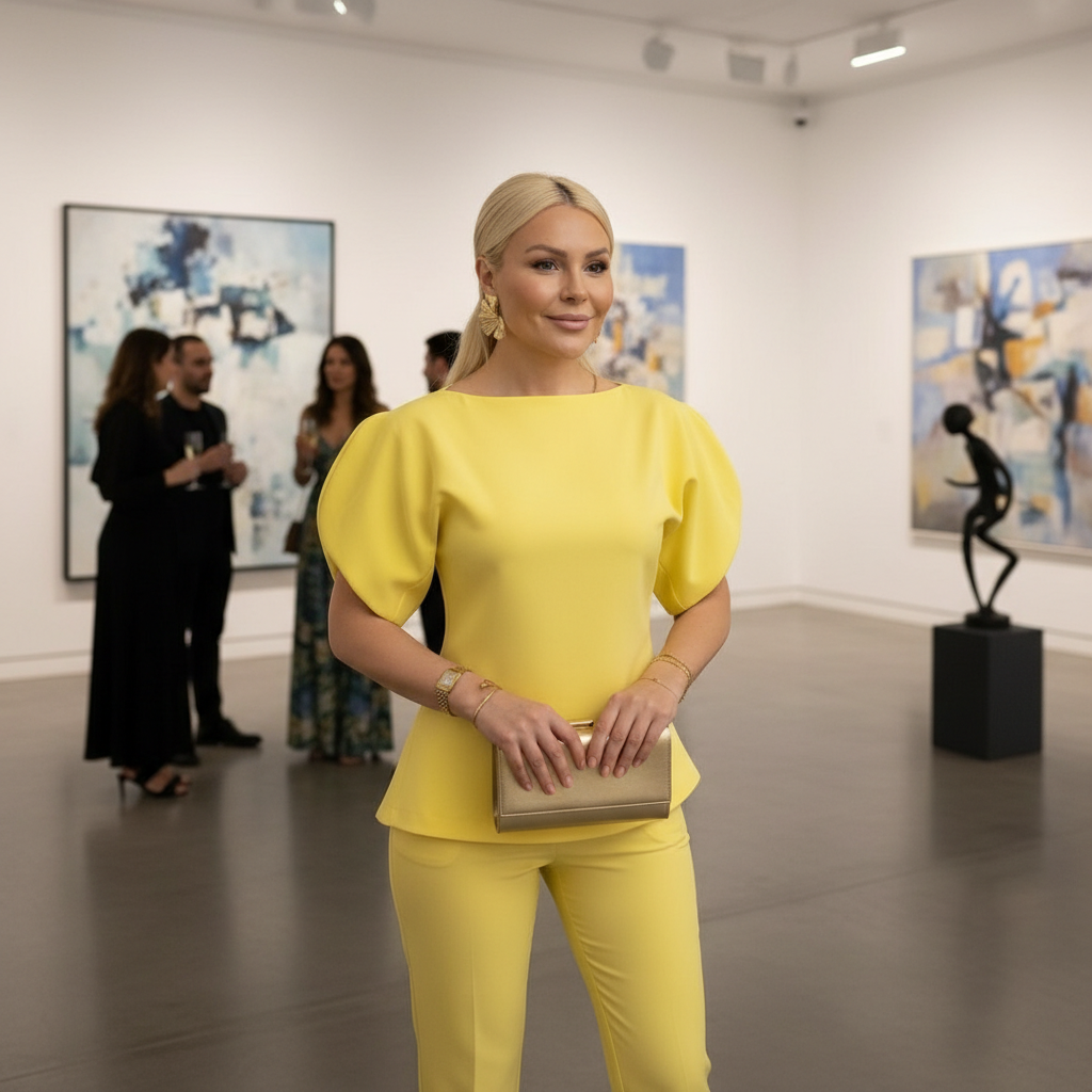 Elegantan Žuti Komplet s Puf Rukavima i Širokim Nogavicama - Univerzalna Veličina Slika 5