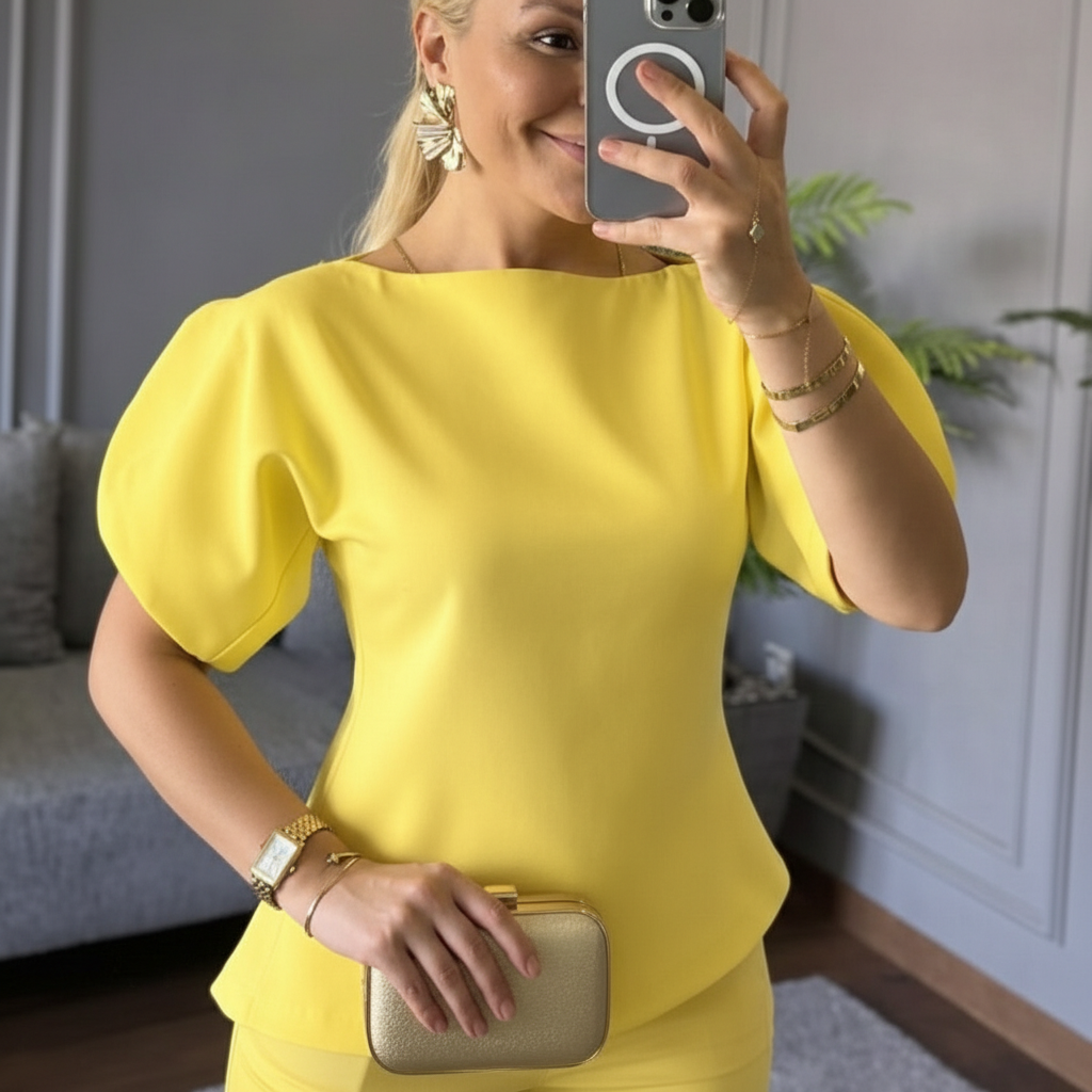 Elegantan Žuti Komplet s Puf Rukavima i Širokim Nogavicama - Univerzalna Veličina Slika 6