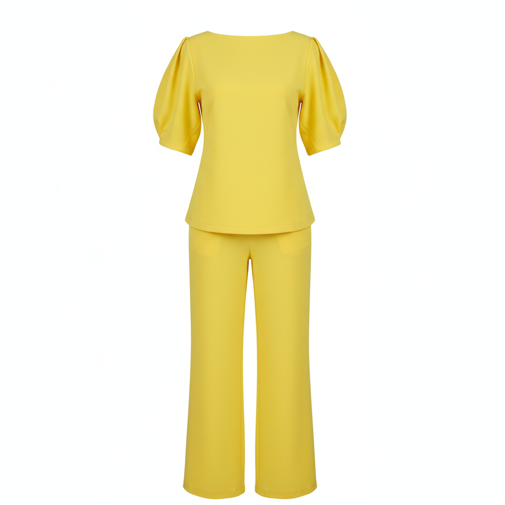 Elegantan Žuti Komplet s Puf Rukavima i Širokim Nogavicama - Univerzalna Veličina Slika 1