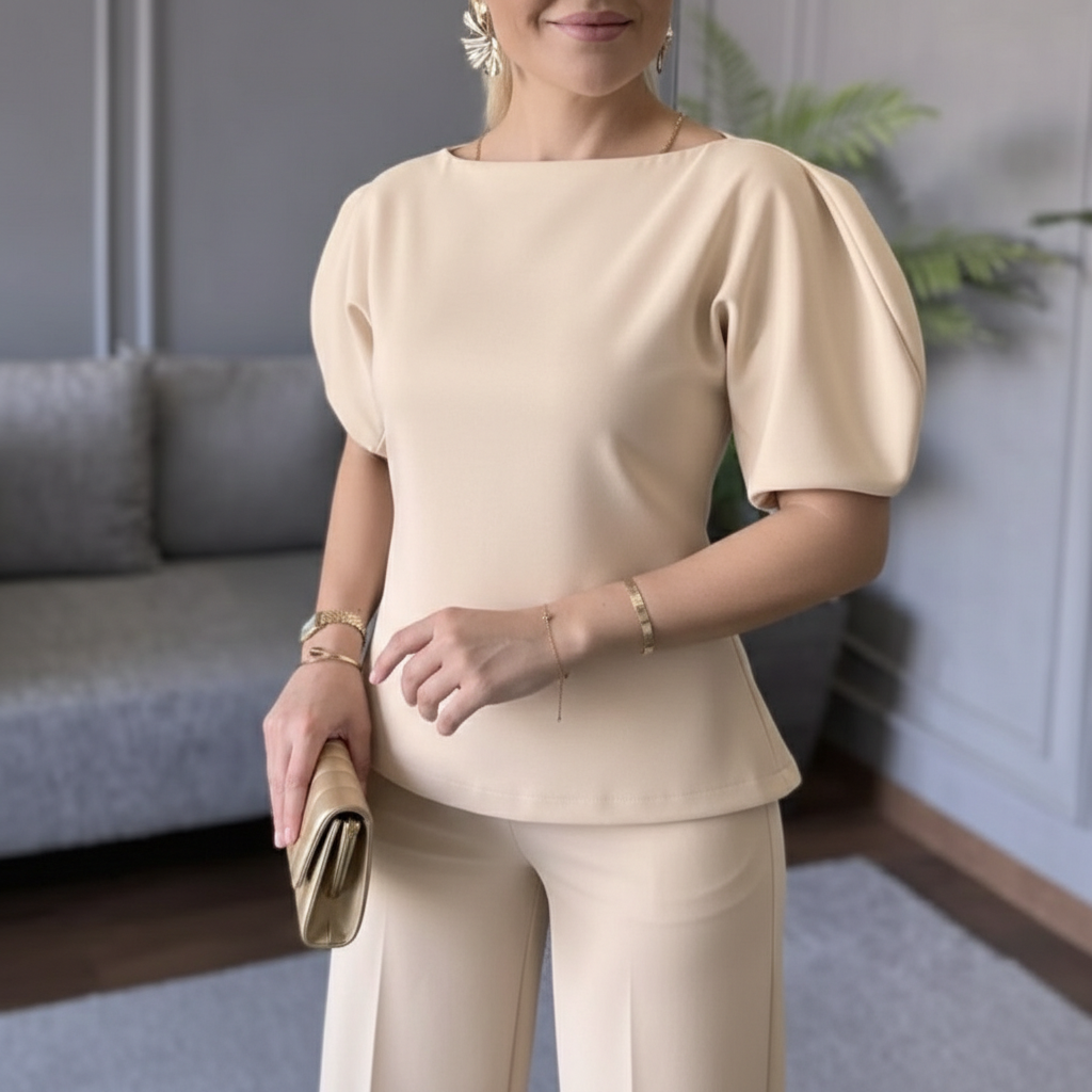 Elegantni Bež Komplet sa Puf Rukavima - Univerzalna Veličina Slika 5