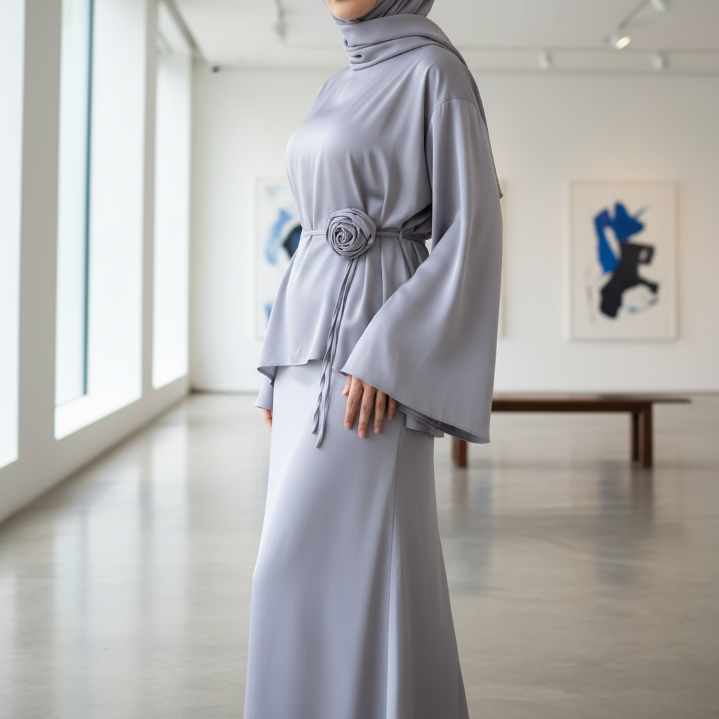 Elegantni Modni Set od Medinske Svile sa Detaljem Ruže Slika 2