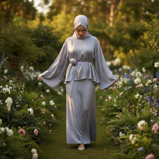 Elegantni Modni Set od Medinske Svile sa Detaljem Ruže Slika 3