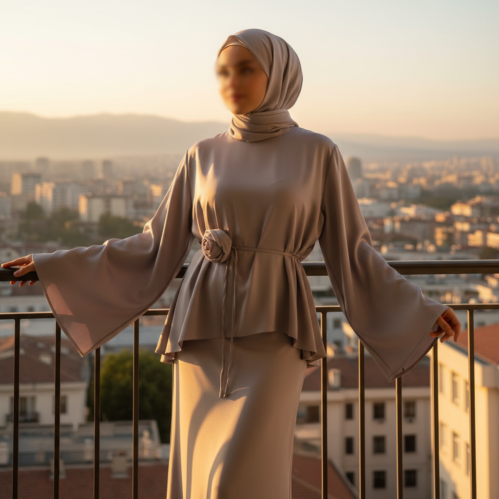 Elegantni Modni Set od Medinske Svile sa Detaljem Ruže Slika 5