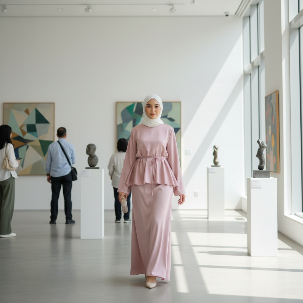 Elegantni Roza Komplet od Medinske Svile - Peplum Tunika i Suknja s Bijelim Hidžabom Slika 2