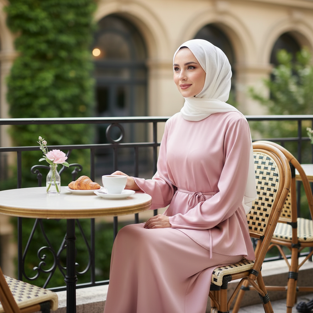 Elegantni Roza Komplet od Medinske Svile - Peplum Tunika i Suknja s Bijelim Hidžabom Slika 3