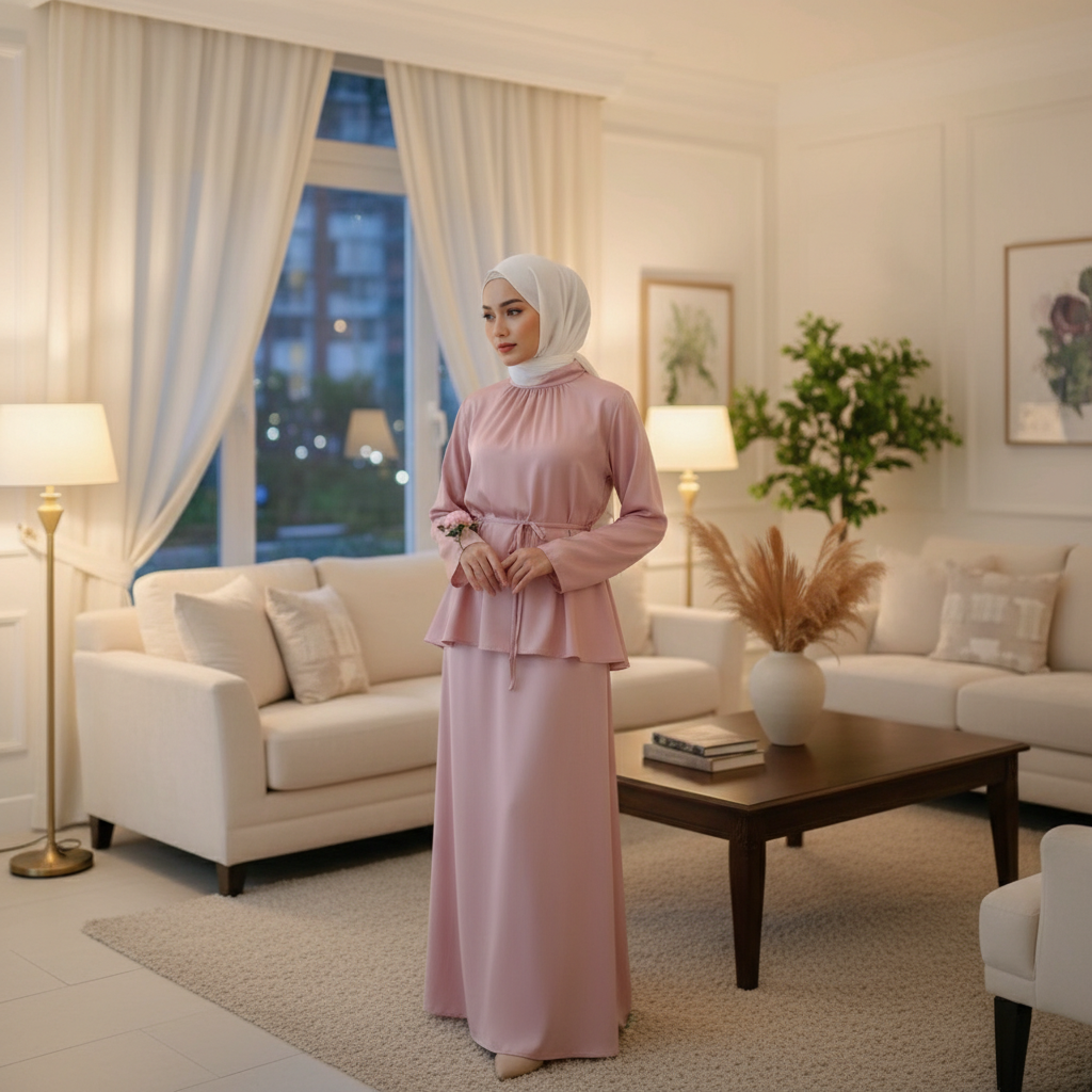 Elegantni Roza Komplet od Medinske Svile - Peplum Tunika i Suknja s Bijelim Hidžabom Slika 4