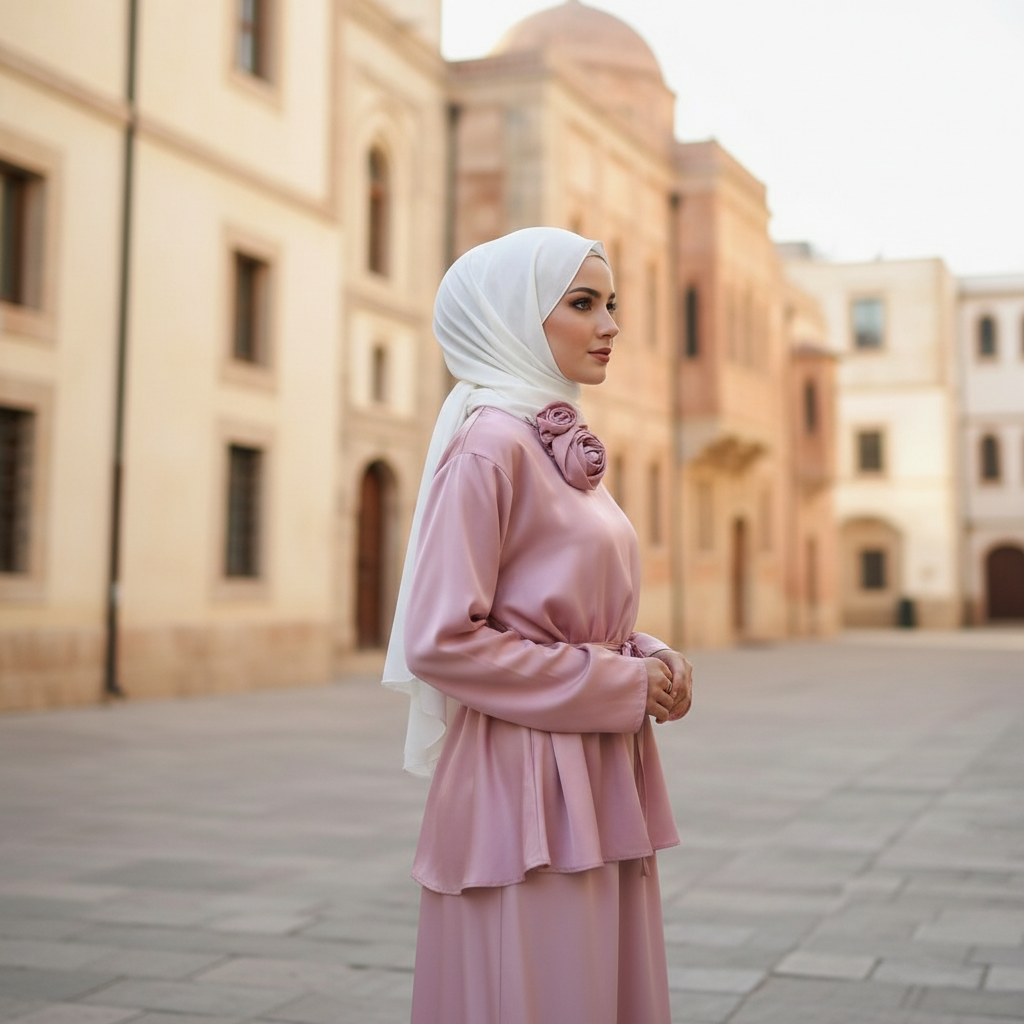 Elegantni Roza Komplet od Medinske Svile - Peplum Tunika i Suknja s Bijelim Hidžabom Slika 5