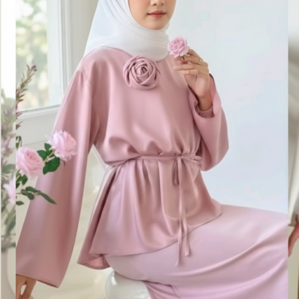 Elegantni Roza Komplet od Medinske Svile - Peplum Tunika i Suknja s Bijelim Hidžabom Slika 6