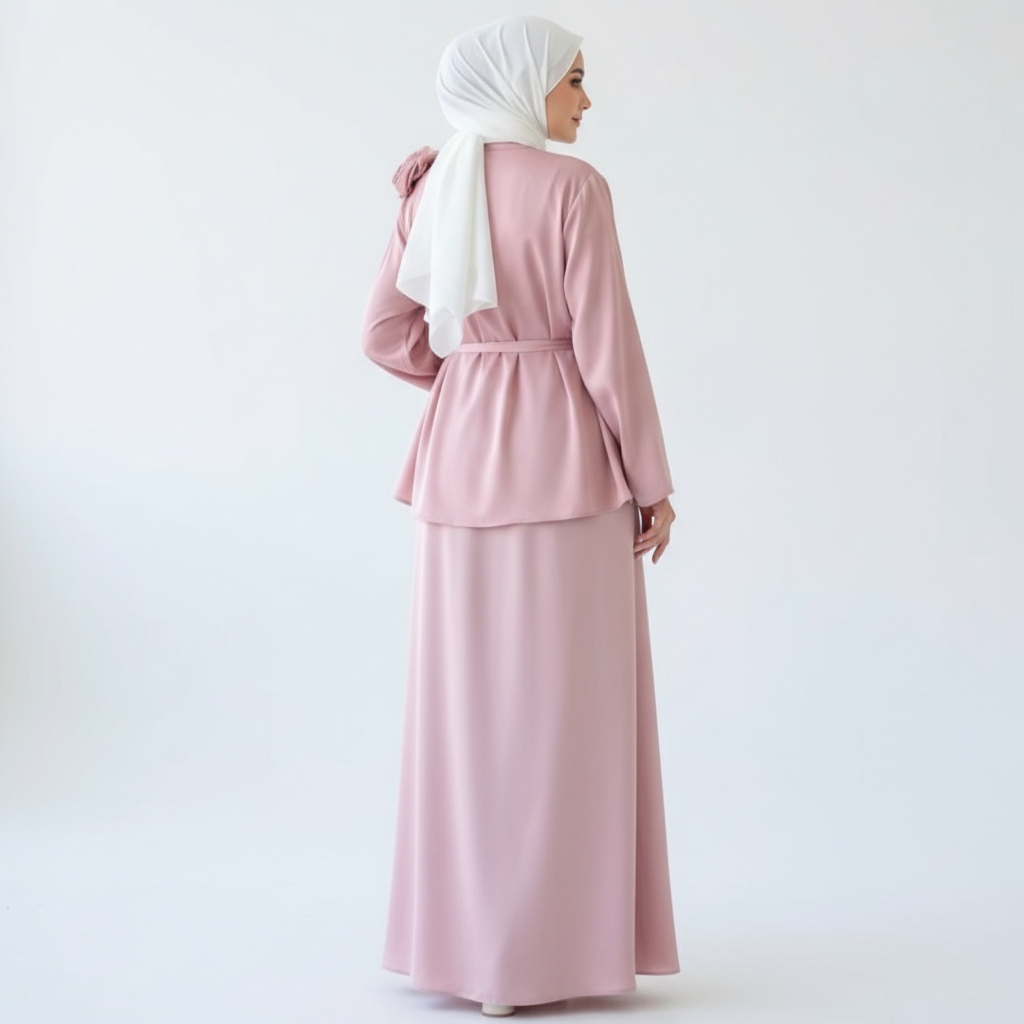 Elegantni Roza Komplet od Medinske Svile - Peplum Tunika i Suknja s Bijelim Hidžabom Slika 1