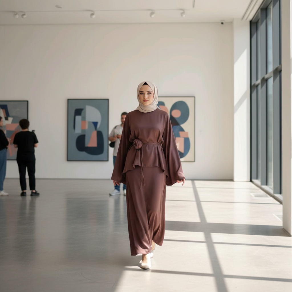 Elegantni Dvostruki Set od Medinske Svile - Čokoladno Smeđa Abaja Haljina sa Detaljem Ruže Slika 2