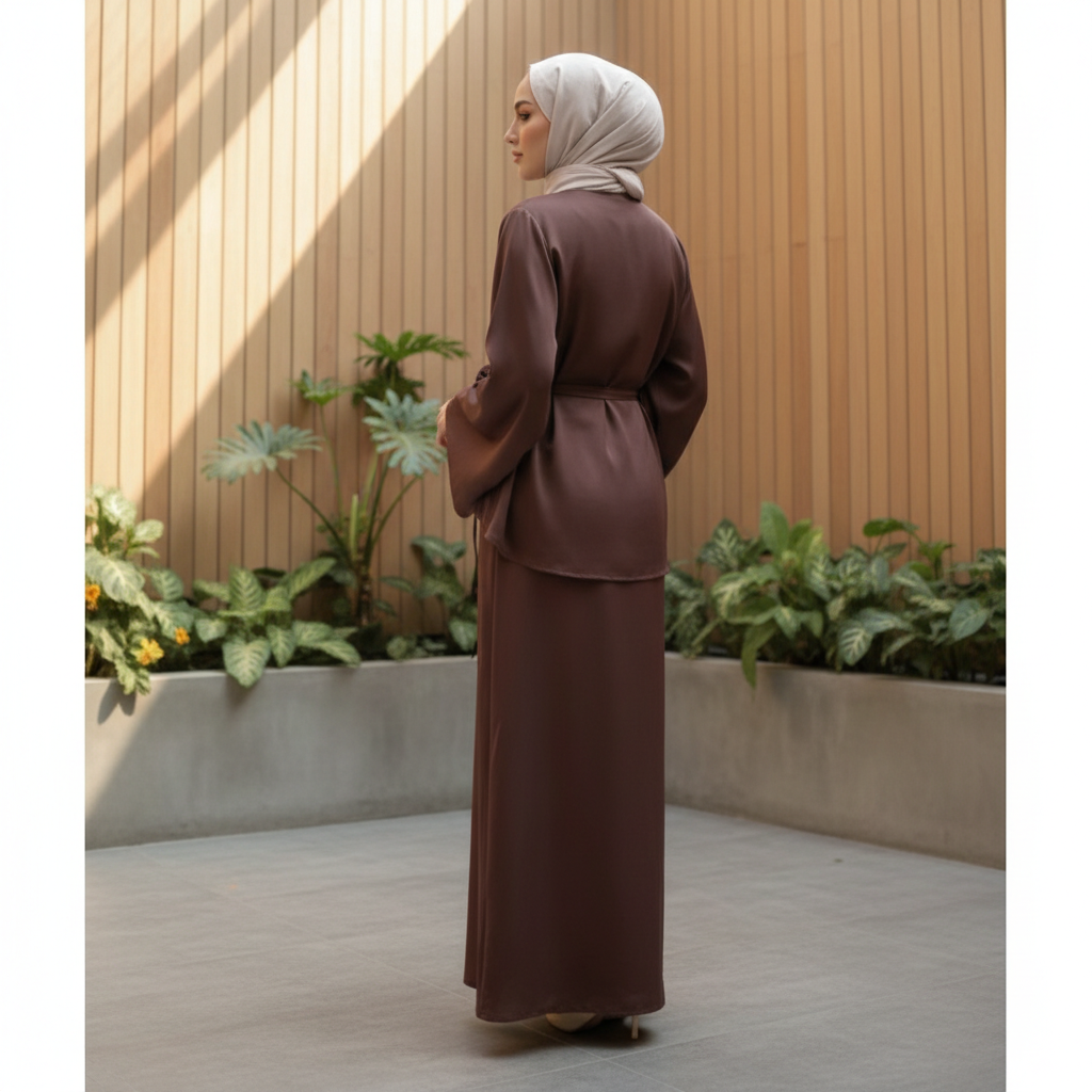 Elegantni Dvostruki Set od Medinske Svile - Čokoladno Smeđa Abaja Haljina sa Detaljem Ruže Slika 3