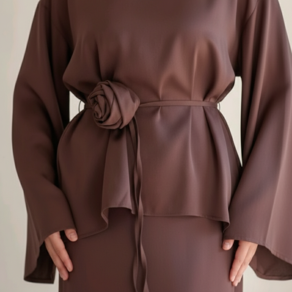 Elegantni Dvostruki Set od Medinske Svile - Čokoladno Smeđa Abaja Haljina sa Detaljem Ruže Slika 5