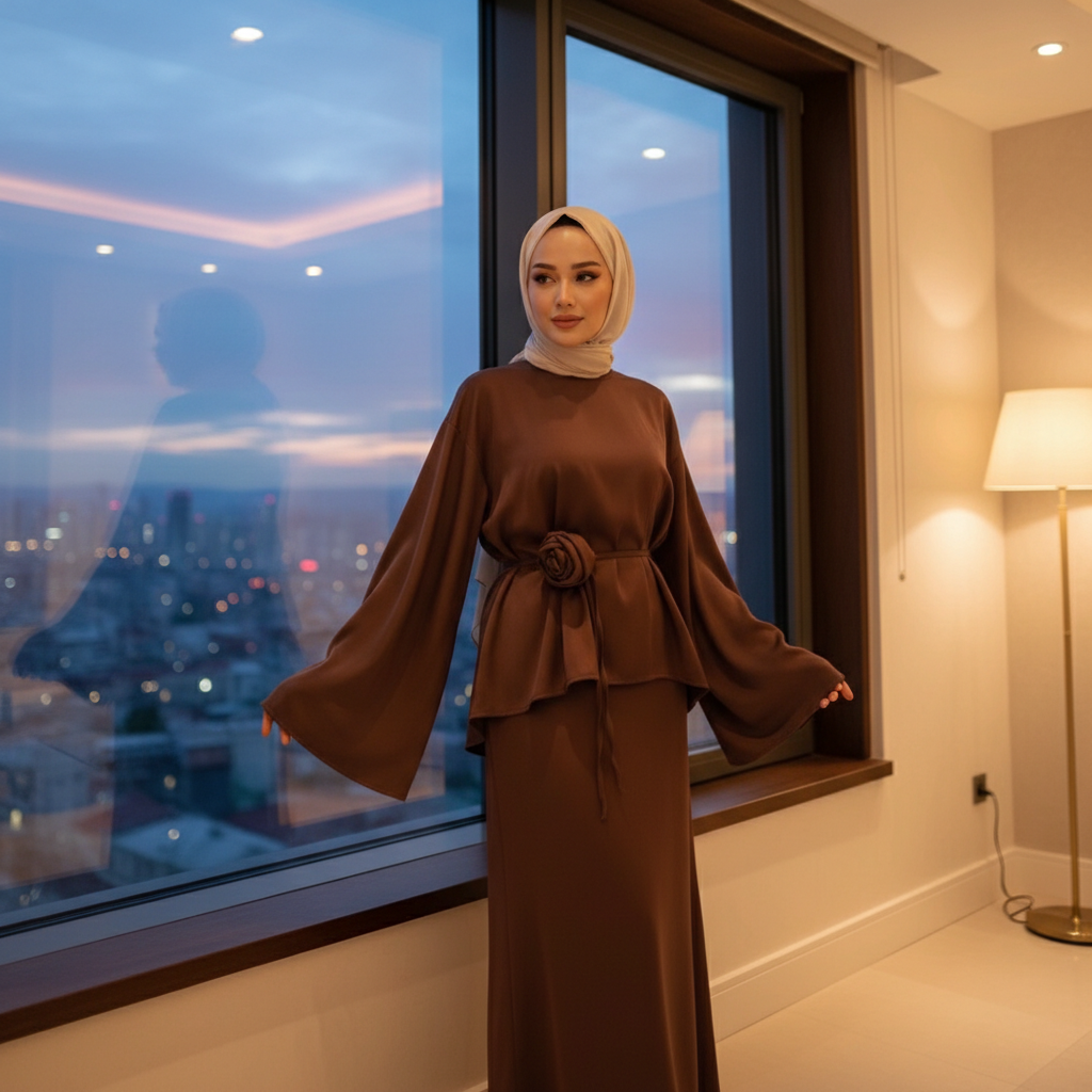 Elegantni Dvostruki Set od Medinske Svile - Čokoladno Smeđa Abaja Haljina sa Detaljem Ruže Slika 6