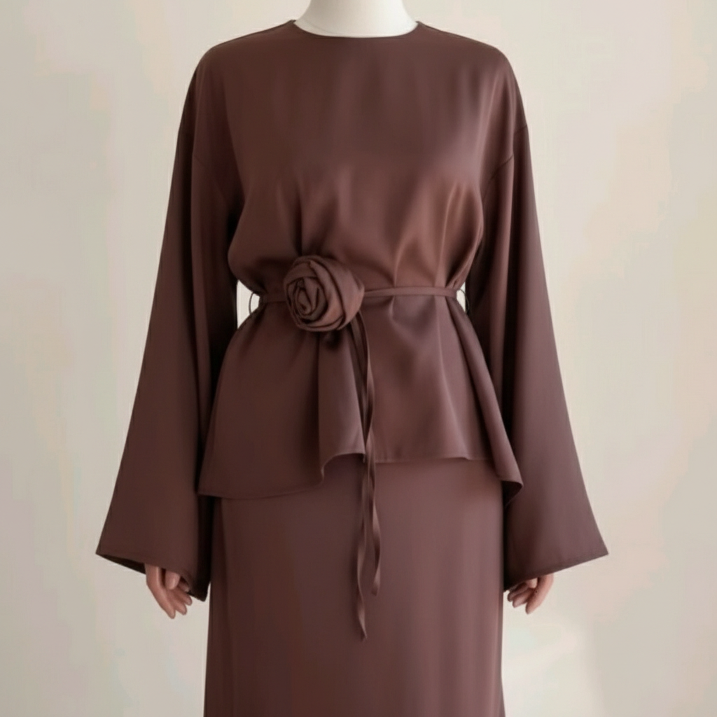 Elegantni Dvostruki Set od Medinske Svile - Čokoladno Smeđa Abaja Haljina sa Detaljem Ruže Slika 1
