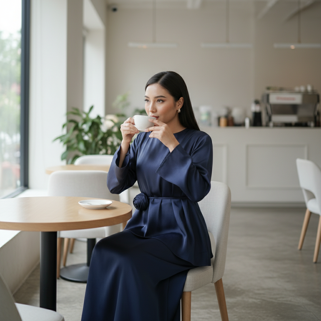 Elegantni Dvodijelni Set od Medinske Svile s Detaljem Ruže - Tamnoplavi Slika 3