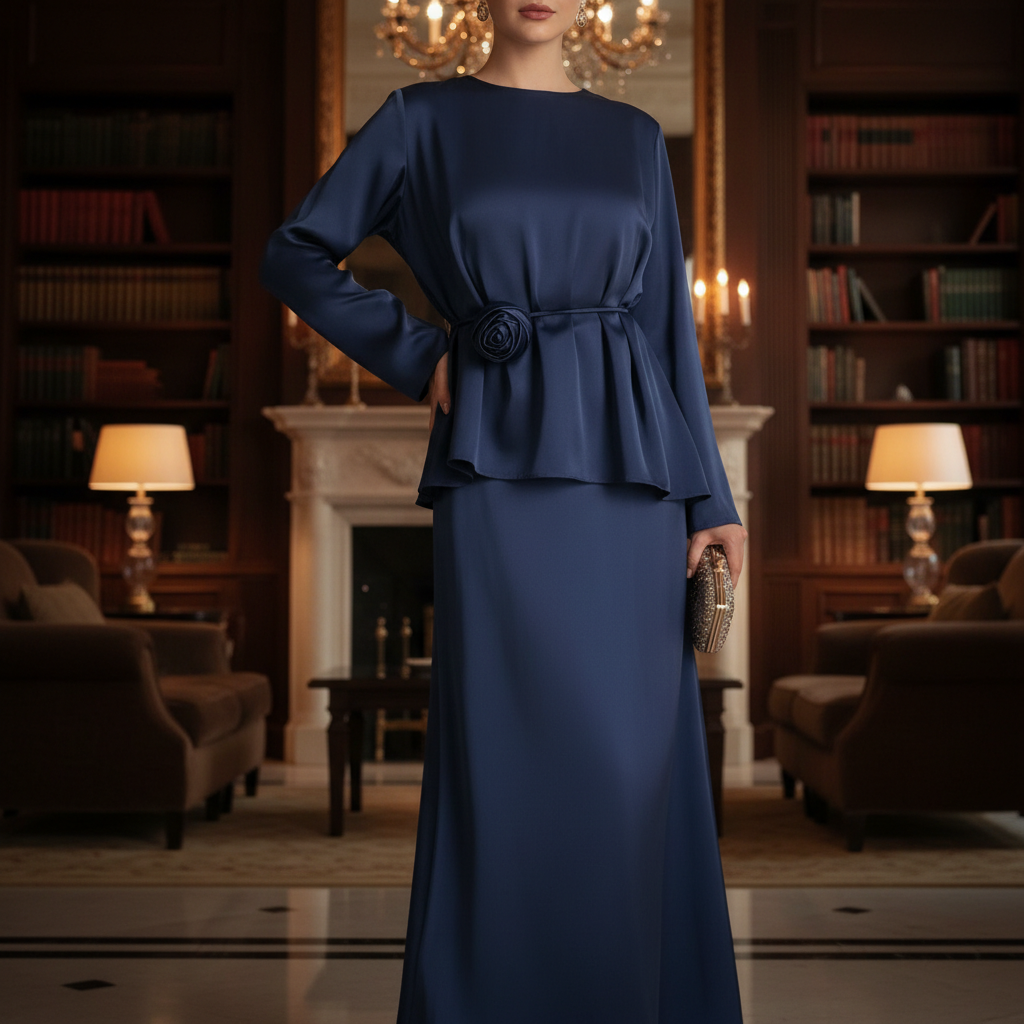 Elegantni Dvodijelni Set od Medinske Svile s Detaljem Ruže - Tamnoplavi Slika 4