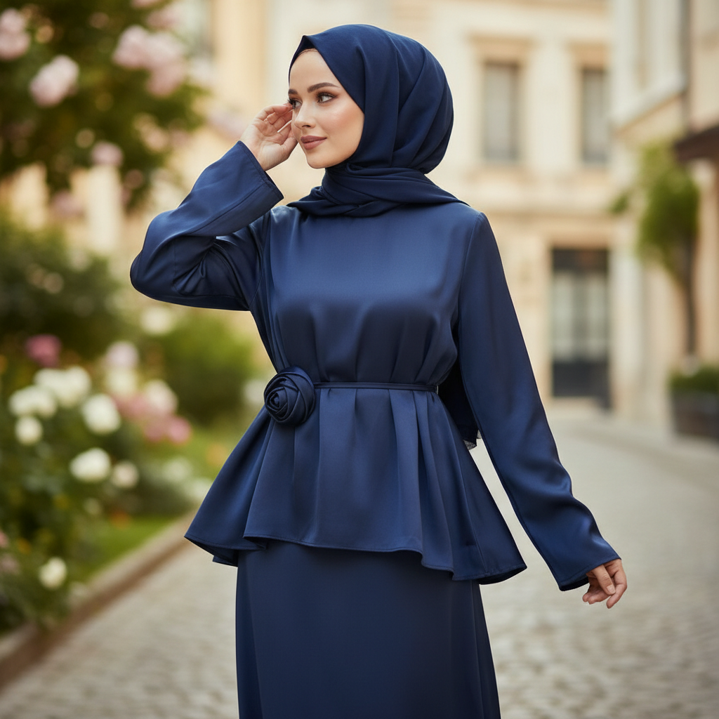 Elegantni Dvodijelni Set od Medinske Svile s Detaljem Ruže - Tamnoplavi Slika 6