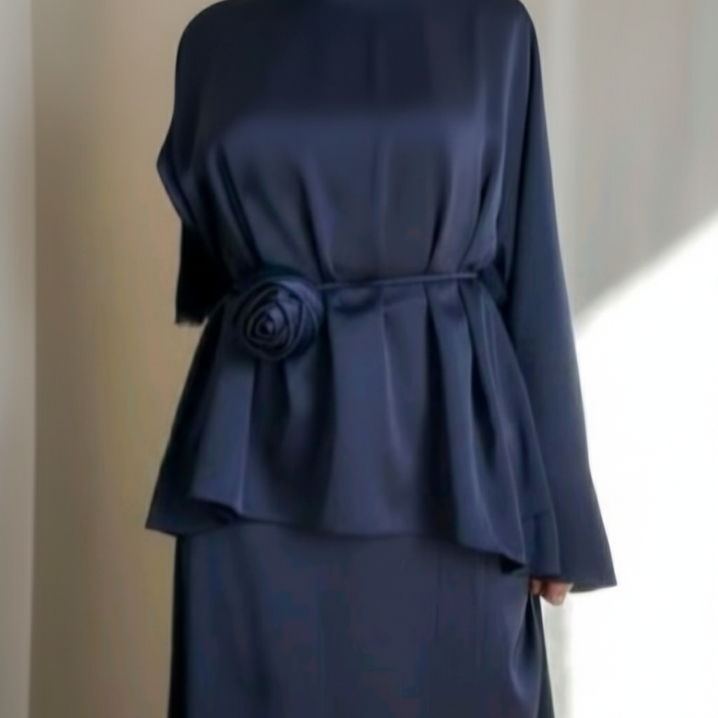 Elegantni Dvodijelni Set od Medinske Svile s Detaljem Ruže - Tamnoplavi Slika 1