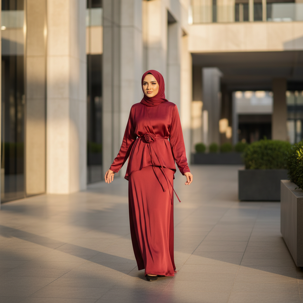 Elegantni Bordo Komplet od Medinske Svile sa Detaljem Ruže Slika 2