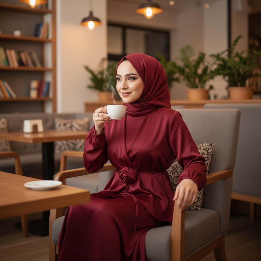 Elegantni Bordo Komplet od Medinske Svile sa Detaljem Ruže Slika 3