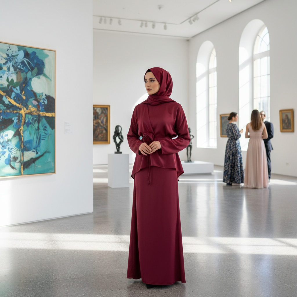 Elegantni Bordo Komplet od Medinske Svile sa Detaljem Ruže Slika 4