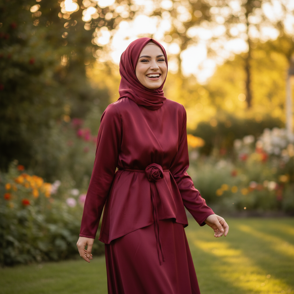 Elegantni Bordo Komplet od Medinske Svile sa Detaljem Ruže Slika 5