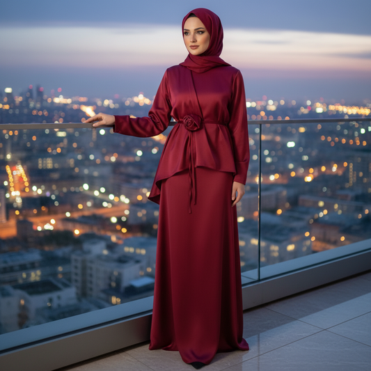 Elegantni Bordo Komplet od Medinske Svile sa Detaljem Ruže Slika 6