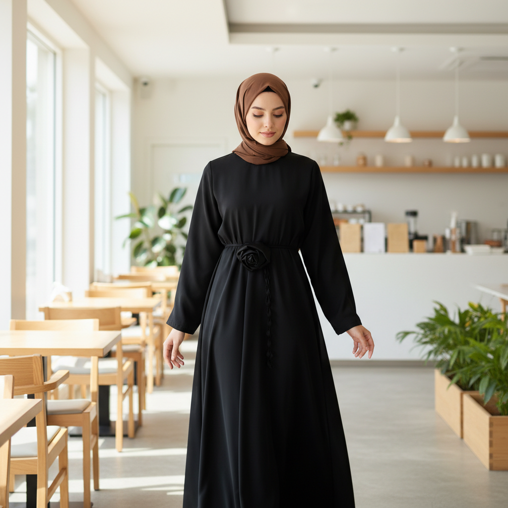 Elegantna Crna Haljina od Medinske Svile sa Detaljem Ruže - Univerzalna Veličina Slika 2