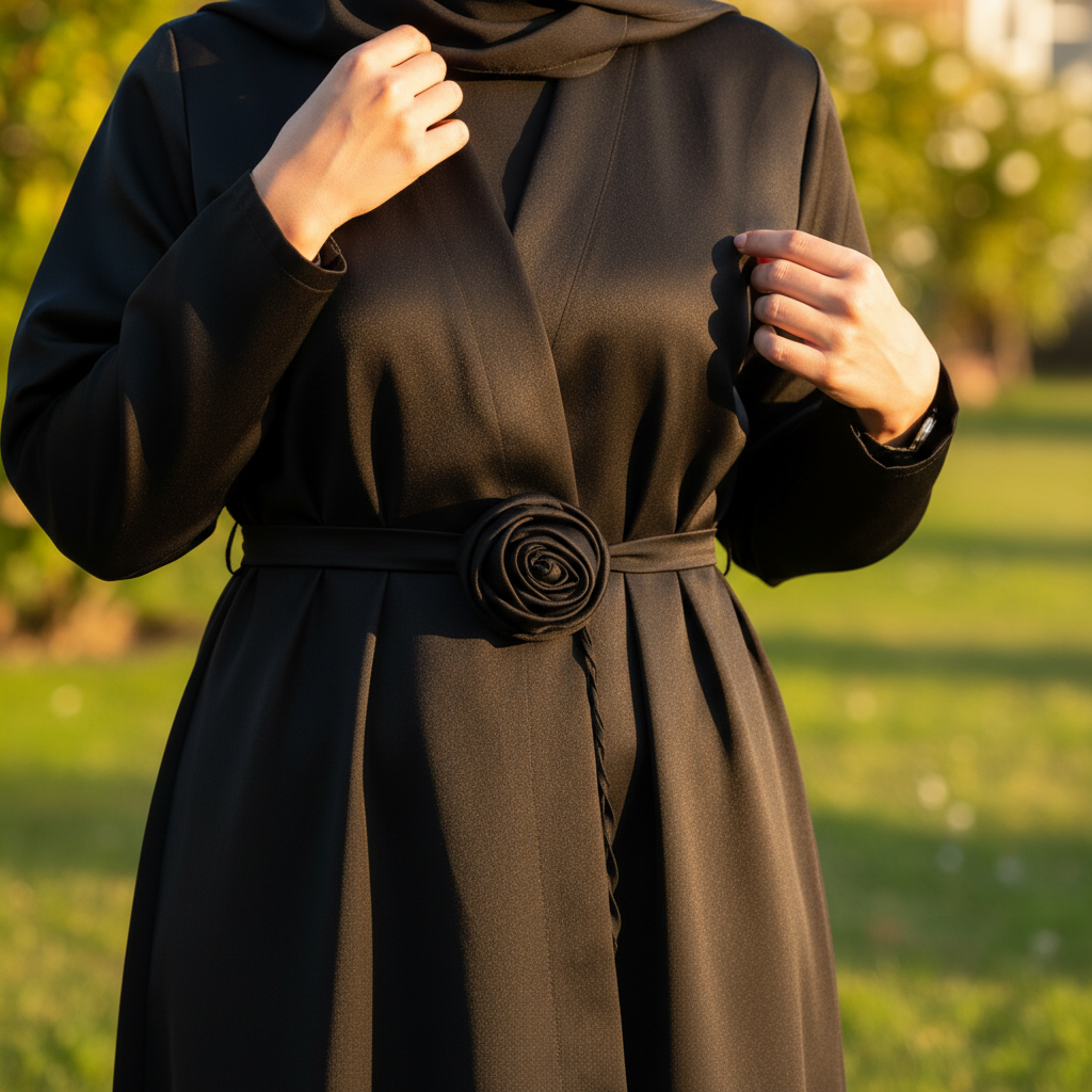 Elegantna Crna Haljina od Medinske Svile sa Detaljem Ruže - Univerzalna Veličina Slika 3