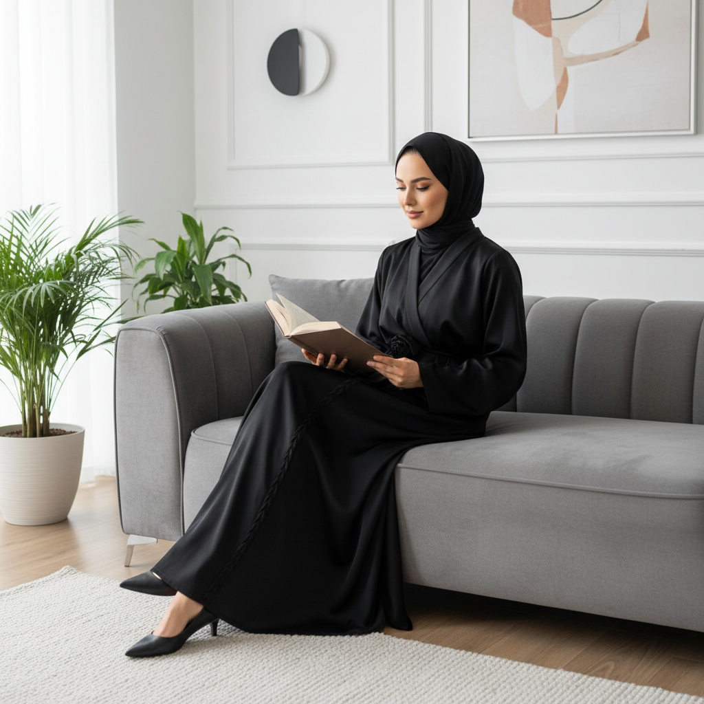 Elegantna Crna Haljina od Medinske Svile sa Detaljem Ruže - Univerzalna Veličina Slika 4