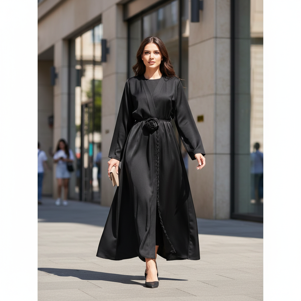 Elegantna Crna Haljina od Medinske Svile sa Detaljem Ruže - Univerzalna Veličina Slika 5