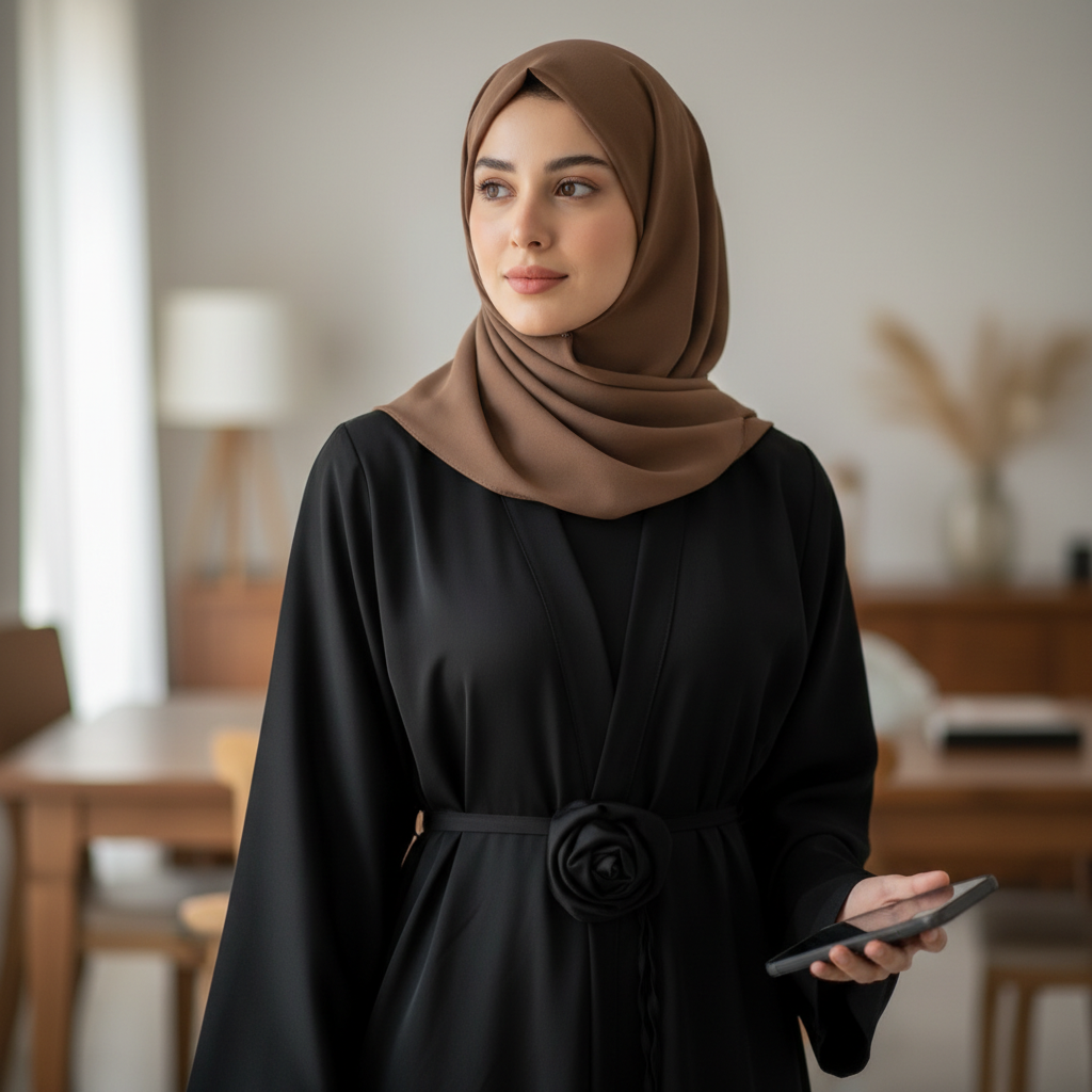 Elegantna Crna Haljina od Medinske Svile sa Detaljem Ruže - Univerzalna Veličina Slika 6