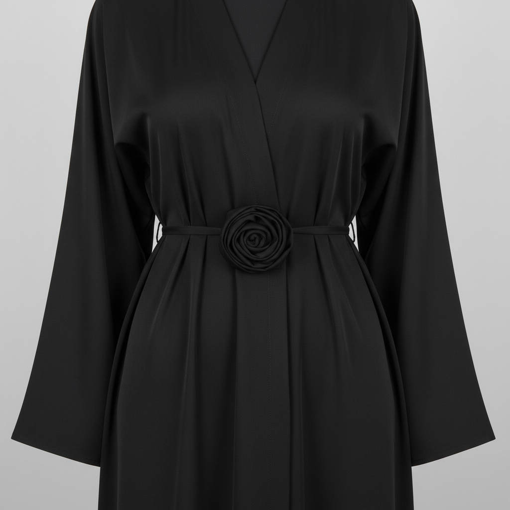 Elegantna Crna Haljina od Medinske Svile sa Detaljem Ruže - Univerzalna Veličina Slika 1