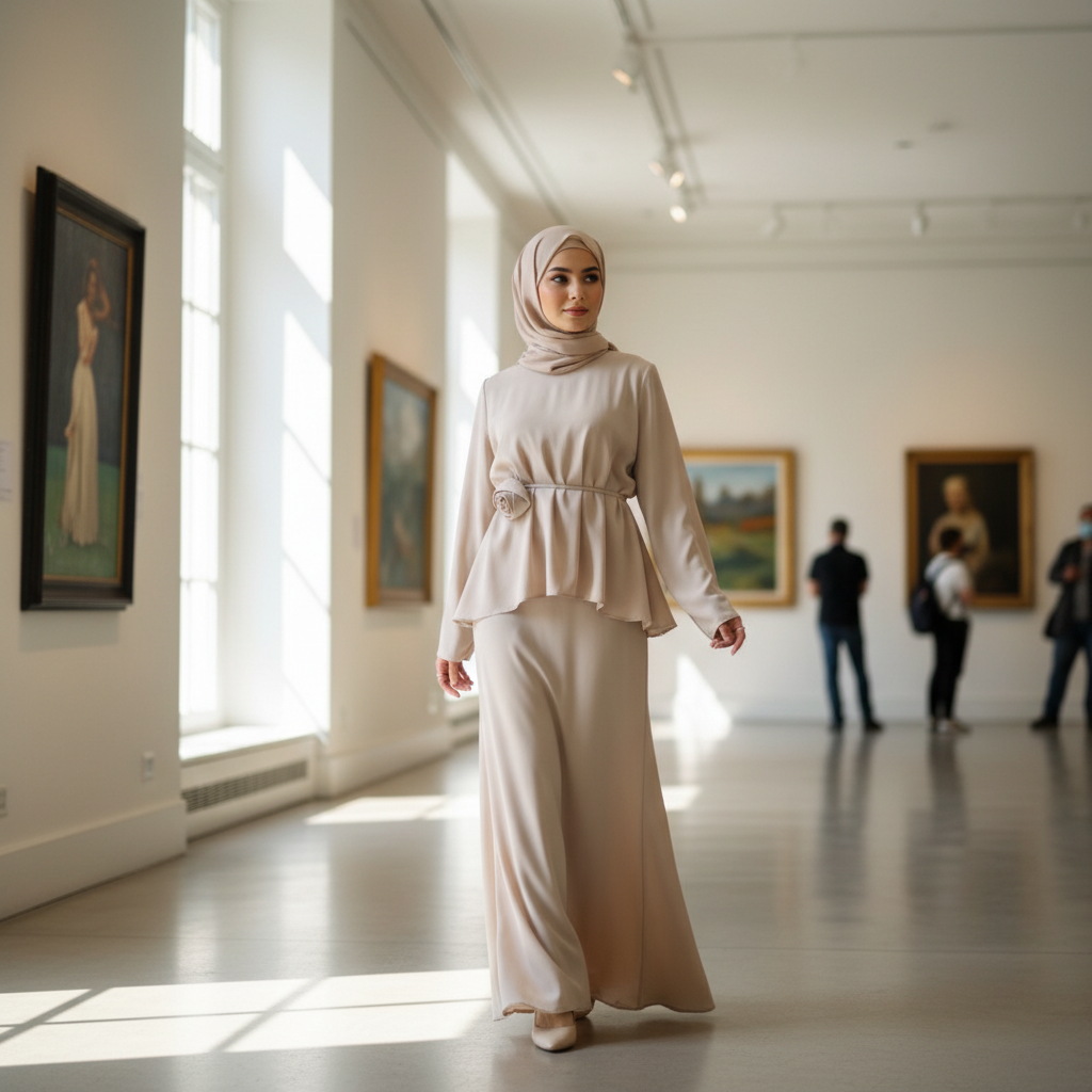 Elegantni Ženski Dvodijelni Set od Medinske Svile - Bež Slika 2