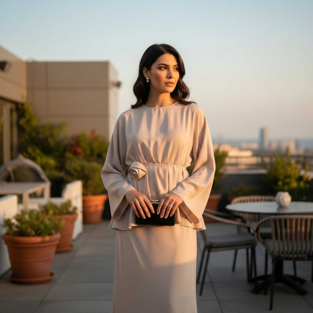 Elegantni Ženski Dvodijelni Set od Medinske Svile - Bež Slika 3