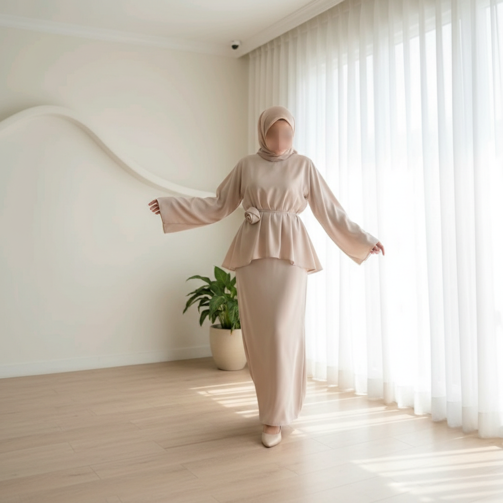 Elegantni Ženski Dvodijelni Set od Medinske Svile - Bež Slika 5