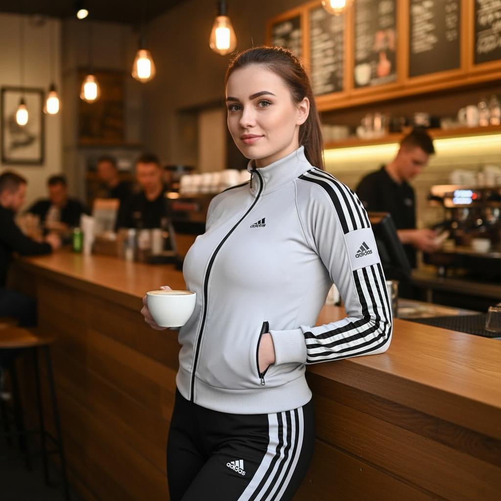 Ženski Dvodijelni Sportski Komplet - Siva Jakna i Crne Hlače sa Prugama Slika 3