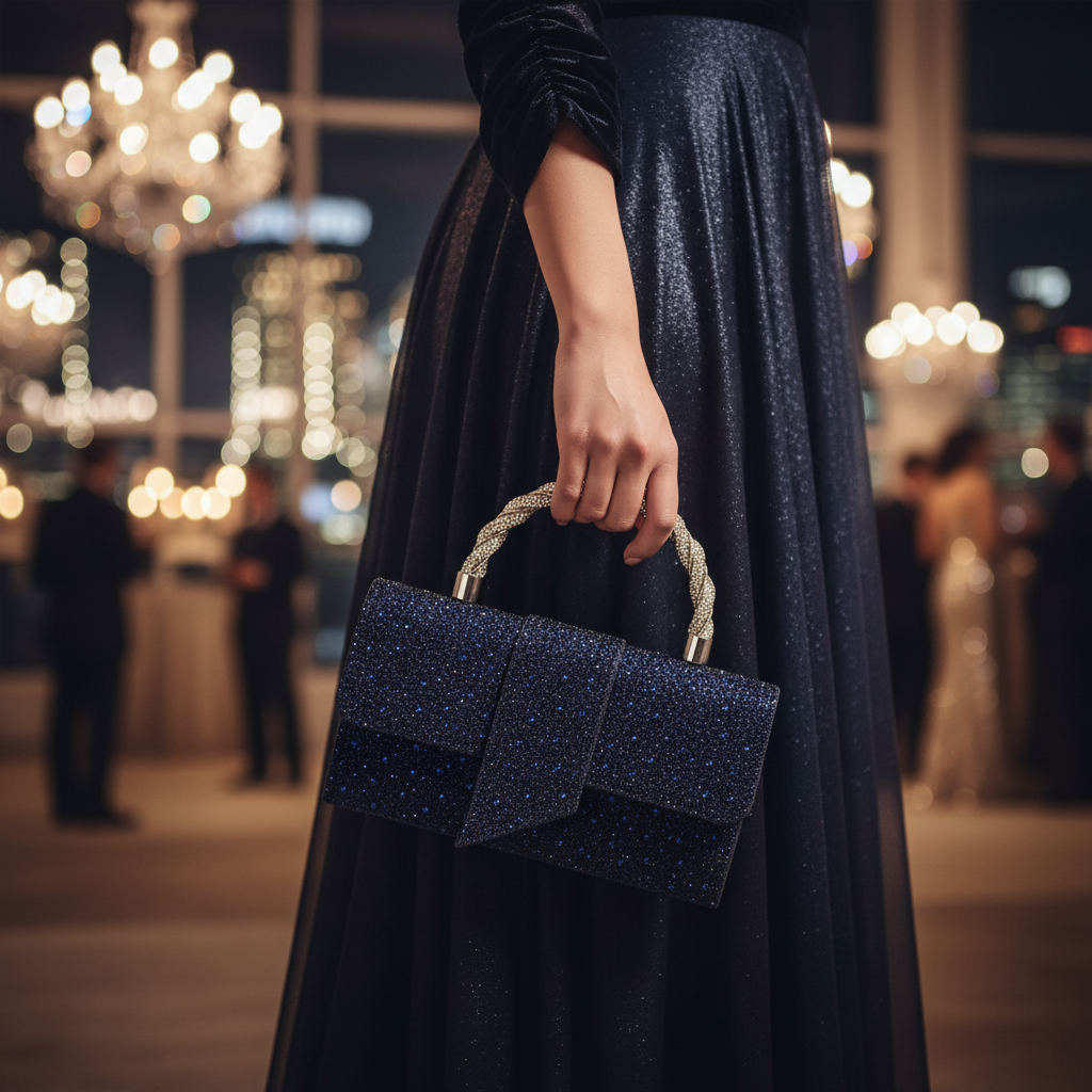 Elegantna Pjenušava Tamno Plava Večernja Torbica s Kristalima i Twist Drškom Slika 2