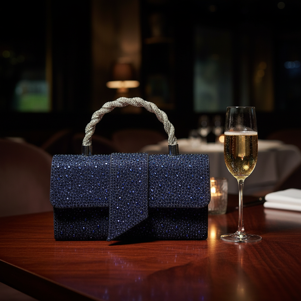 Elegantna Pjenušava Tamno Plava Večernja Torbica s Kristalima i Twist Drškom Slika 3