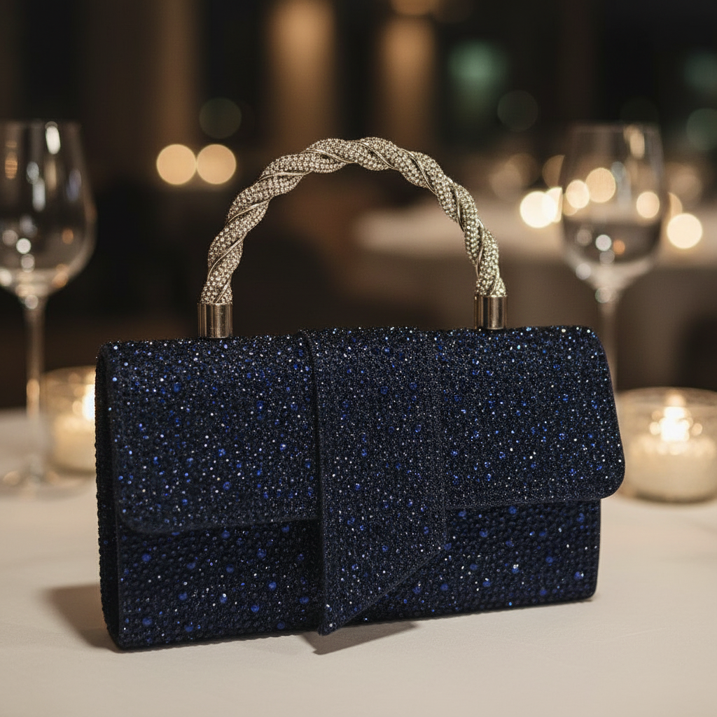 Elegantna Pjenušava Tamno Plava Večernja Torbica s Kristalima i Twist Drškom Slika 4