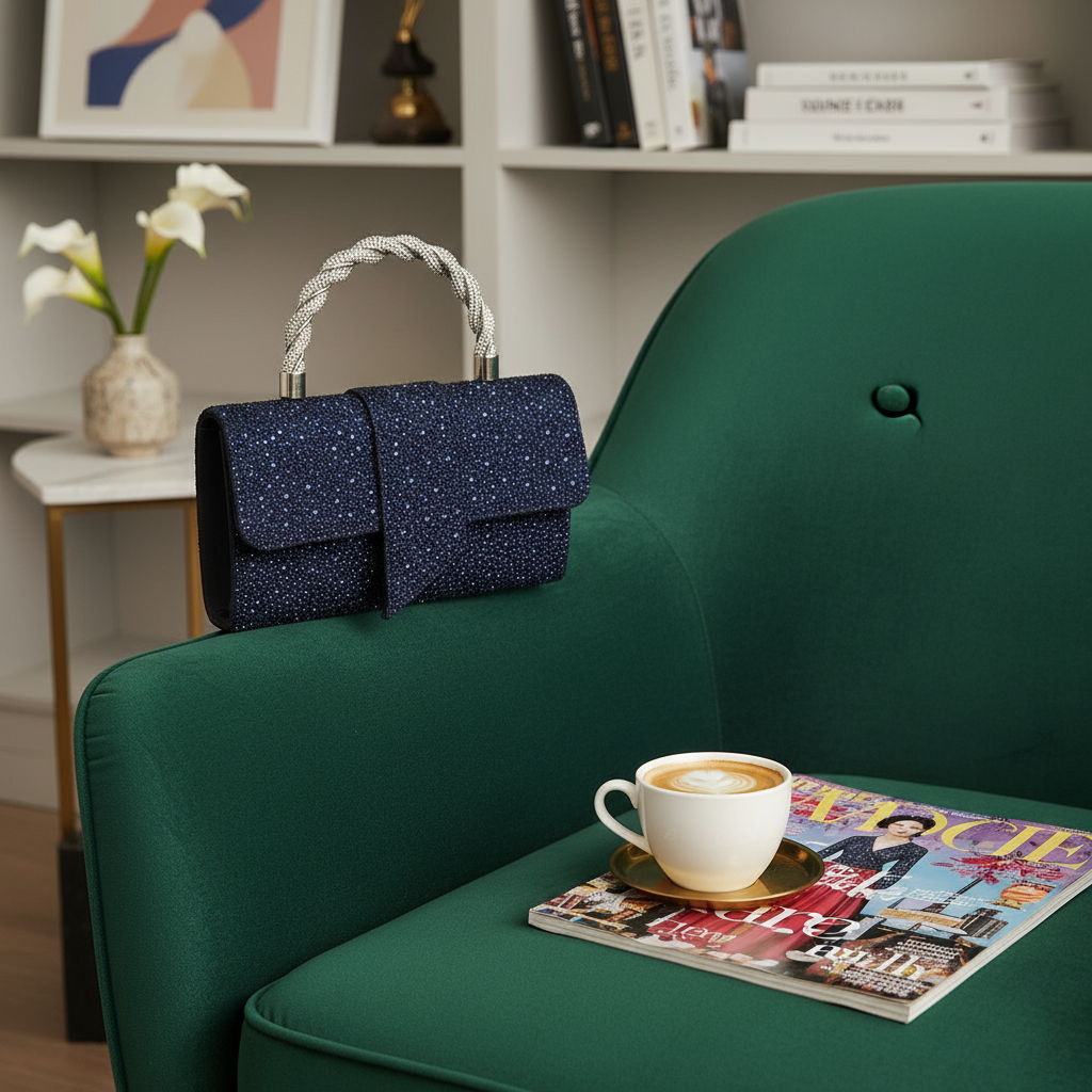 Elegantna Pjenušava Tamno Plava Večernja Torbica s Kristalima i Twist Drškom Slika 5