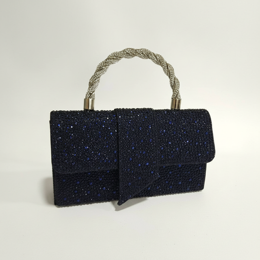 Elegantna Pjenušava Tamno Plava Večernja Torbica s Kristalima i Twist Drškom Slika 1