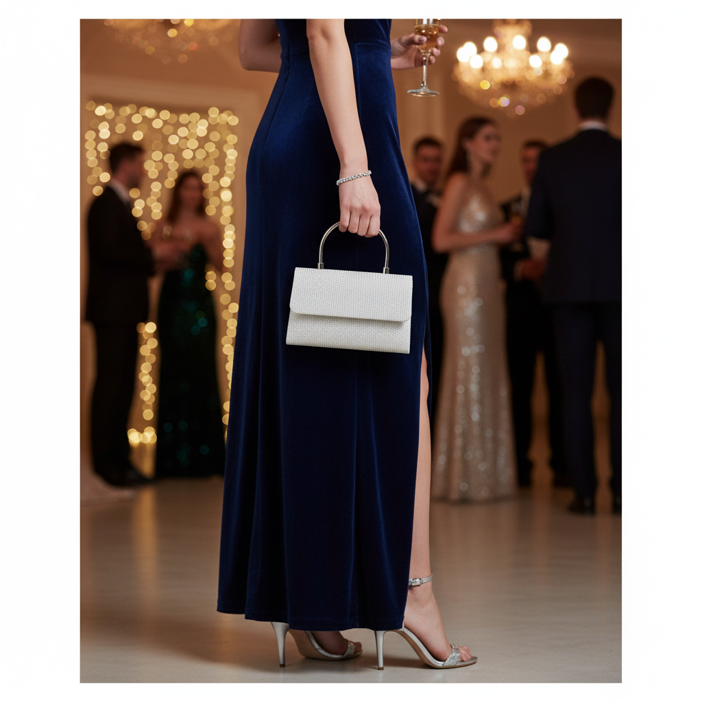 Glamurozna Srebrna Clutch Torbica sa Metalnom Ručkom i Sjajnim Detaljima Slika 2